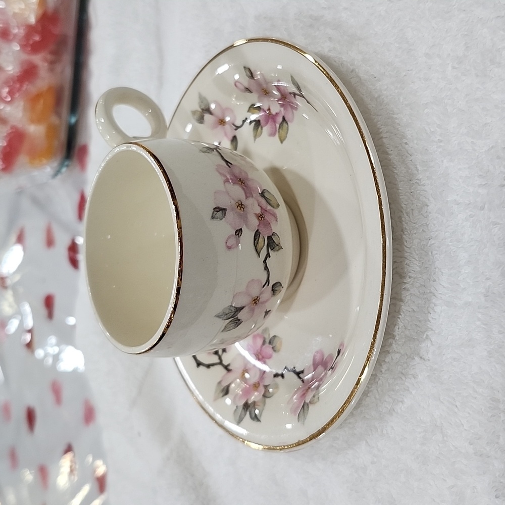 HOMER LAUGHLIN VINTAGE 1948 FLAT DEMITASSE APPLE BLOSSOM CUP & SAUCER SET